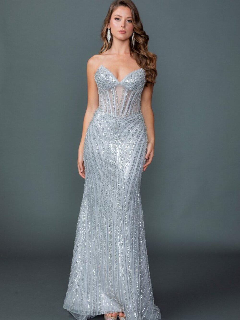 NEW SILVER Evening Gown Floor Length Formal Elegant Stunning 4606